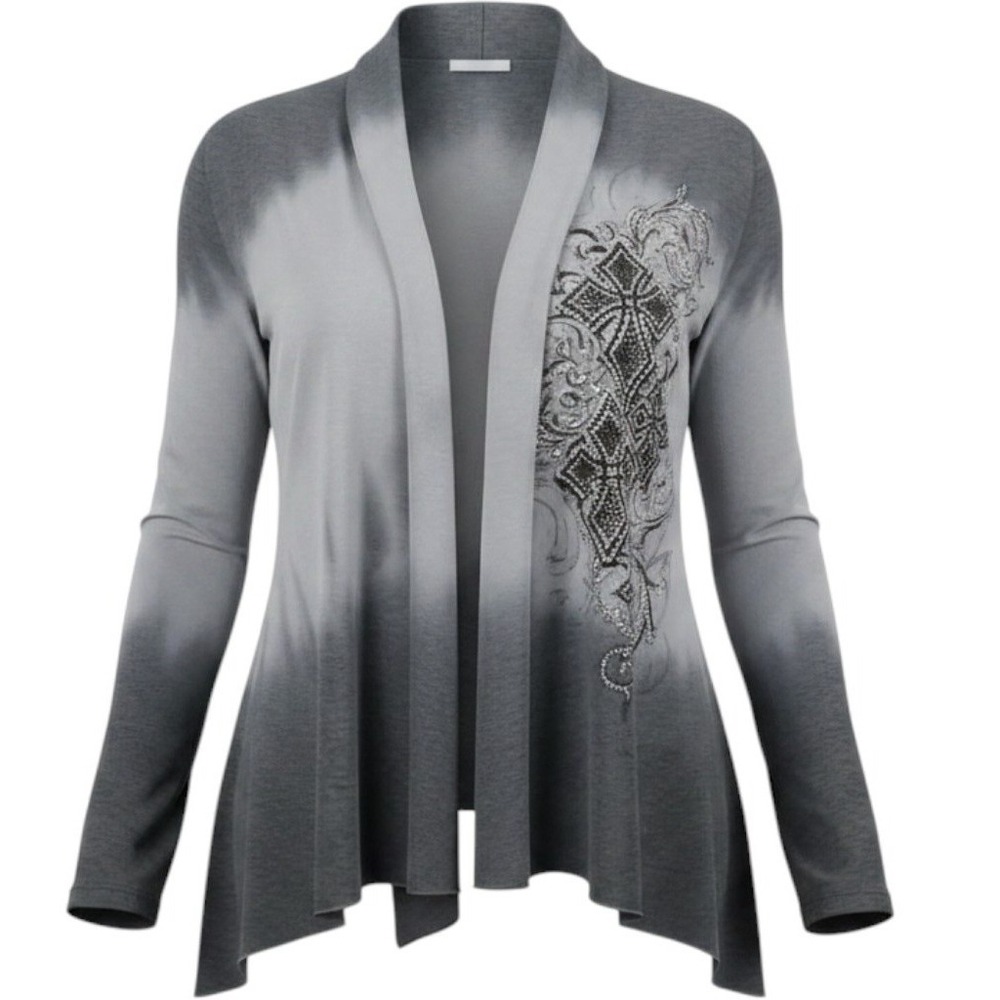 Vocal Cardigan Sweater Womens Small Gray Ombre Rhinestone Cross Gothic Open